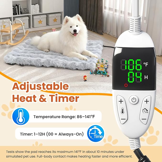 Dog Heating Pad, Smart Thermostat, 12 Temp Levels & 0-12H Timer, Large Pet Heating Pad with Plush Fleece Cover, Waterproof & Chew Resistant, 34x24in for Dogs and Multiple Cats