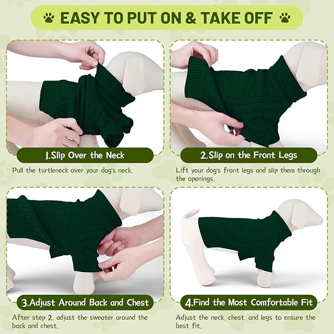 Small Dog Thermal Pullover Sweater, Classic Turtleneck Cable Knitwear Dog Clothes for Cold Weather Warm Pet Clothes for Chihuahua, Bulldog, Dachshund, Pug Green XX-Large