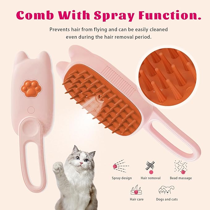 Cat Brush Cat Steam Brush Rechargeable Steamy Pet Grooming For Shedding, Water Spray Massage Brushs, Dog Hair Removal Self Cleaning Brushs Steamer Wet Spa Comb (Pink)