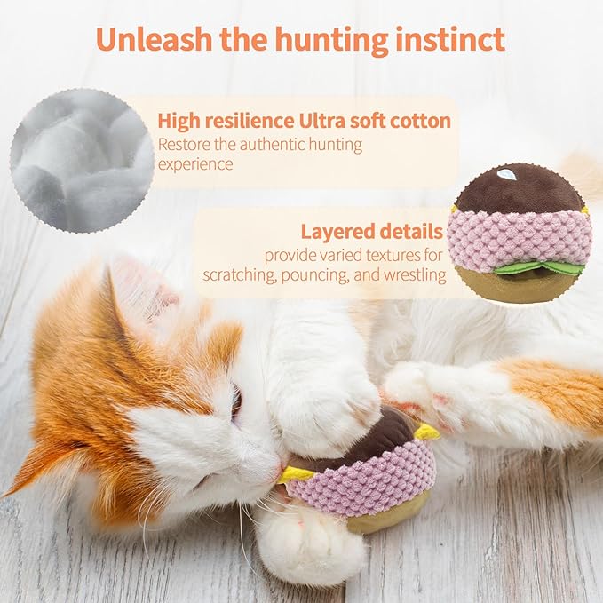 Cat Toy Burger Shape, Fun Kick and Toss Catnip Toy with Crinkle Sound, Includes Catnip & Silvervine Powder (5g+5g) + 5 Reusable Pouches, Gift for Indoor Cats