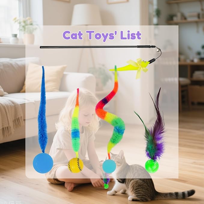 SHENGSEN Feather Wand Cat Toy,Bouncy Ball with Tail Cat Toys,Magic Worm with Large Colorful Ball Toy for Cats,Cat Feather Toys for Indoor Cats,Colorful Fuzzy Worm Bouncy Balls Cat Toy (ADM102-A-4B)