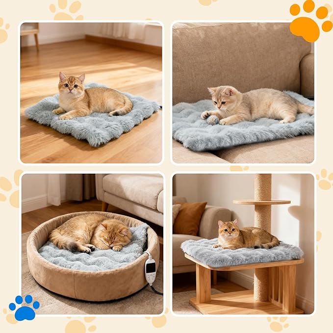 Cat Heating Pad, Pet Heating Pad with Smart Thermostat, 12 Temp Levels & 0-12H Timer, Plush Fleece Cover, Waterproof & Chew Resistant, 18x18in for Cats and Small Dogs