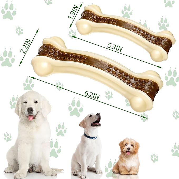 Sosation Bones Shaped Dog Toys for Aggressive Chewers, 2 Pack Dog Chew Toys Puppy Teething Nylon Beef Flavor for Large/Medium/Small Puppies Breeds(Curved Bone,Large, Medium)