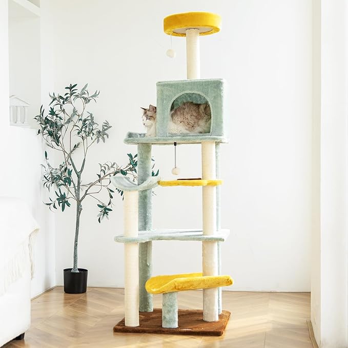 HYABi 65.5 Inch Sunflower Cat Tree Tower Multi-Level Cat Condo with Plush Scratching Posts, Toy Balls, and Pet House, Indoor Play Platform for Large Adult Cats, Cute Sunflower Design