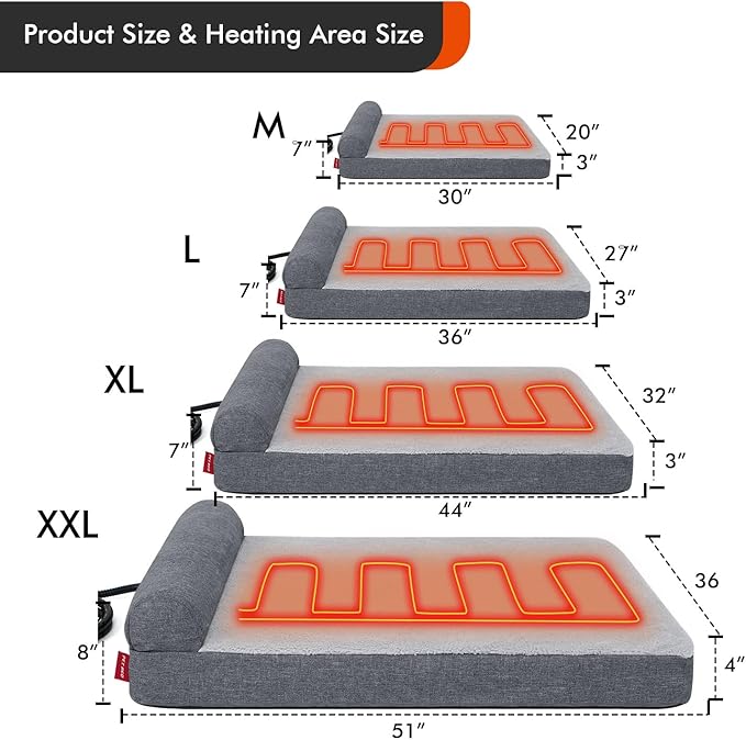 Heated Dog Bed,Heating pad Orthopedic Dog Bed with Memory Foam, Heated Pet Bed & Removable Waterproof Cover for Medium, Large, Jumbo Dogs/L