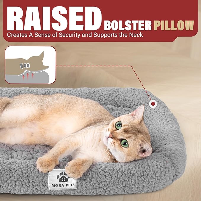 Mora Pets Self Warming Cat Bed Self Heating Pet Pad with Bolster and Foam Washable Removable Cover Non Slip Thermal Sherpa Fabric Pet Mat Grey 20 Inch