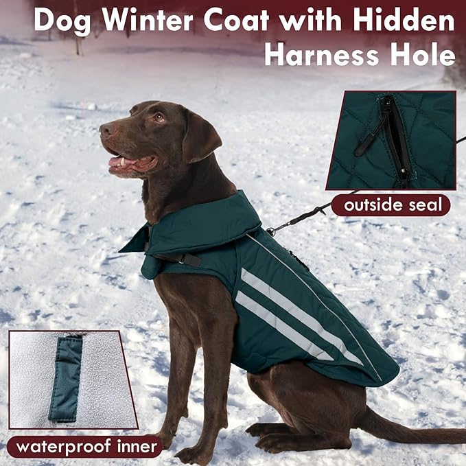 Winter Dog Coat Waterproof Reflective Dog Jacket for Extra Large Dogs with Harness Hook & Loop Turtleneck Fleece Snowsiut for Dogs Great Dane, Green 5XL