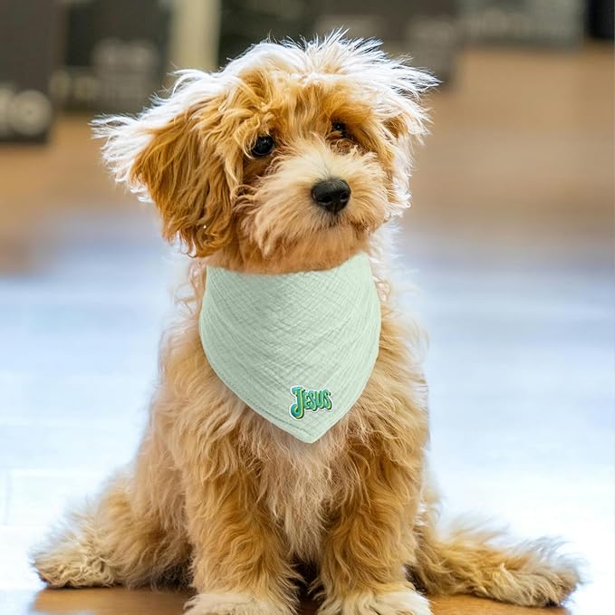 Embroidered Dog's Bandanas Solid Color Cotton Letter Pet Scarf with Adustable Button,Green,Medium