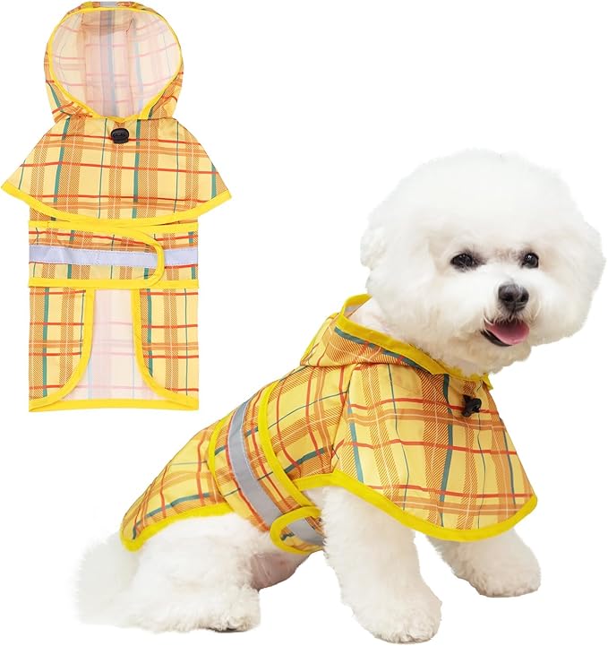 KOOLTAIL Dog Raincoat Hooded Slicker Poncho with Leash Hole, Raincoat for Small Medium Dogs, Waterproof Doggie Rain Jacket with Reflective Strip, Adjustable Breathable Plaid Puppy Rainwear-Yellow