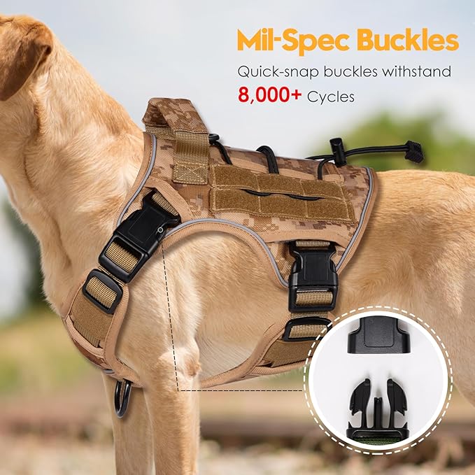 Heavy-Duty Tactical Dog Harness for Large Dogs, No Pull Adjustable Reflective Pet Vest with Molle System, K9 Military-Grade Control for Service Training, Outdoor & 10+ Breeds, Khaki Camo, Small