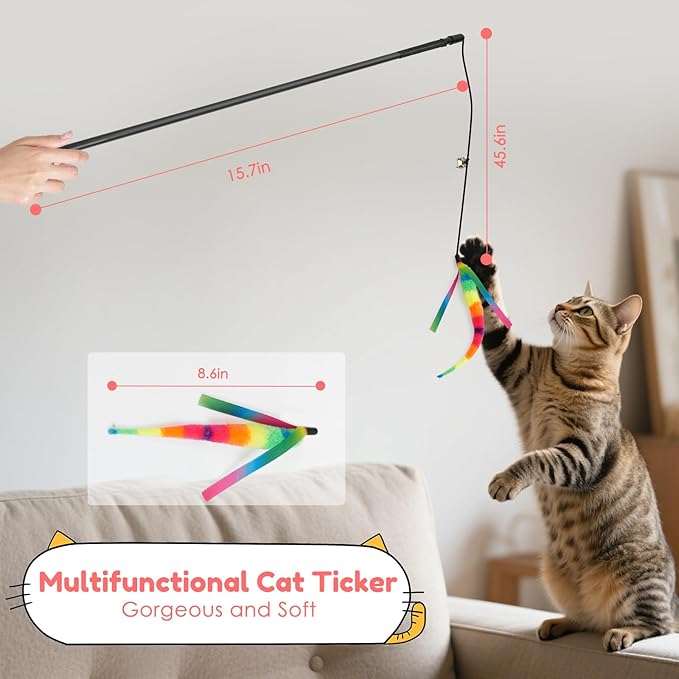 SHENGSEN Feather Wand Cat Toy，Bouncy Ball with Tail Cat Toys，Magic Worm with Large Colorful Ball Toy for Cats，Cat Feather Toys for Indoor Cats,Colorful Fuzzy Worm Bouncy Balls Cat Toy