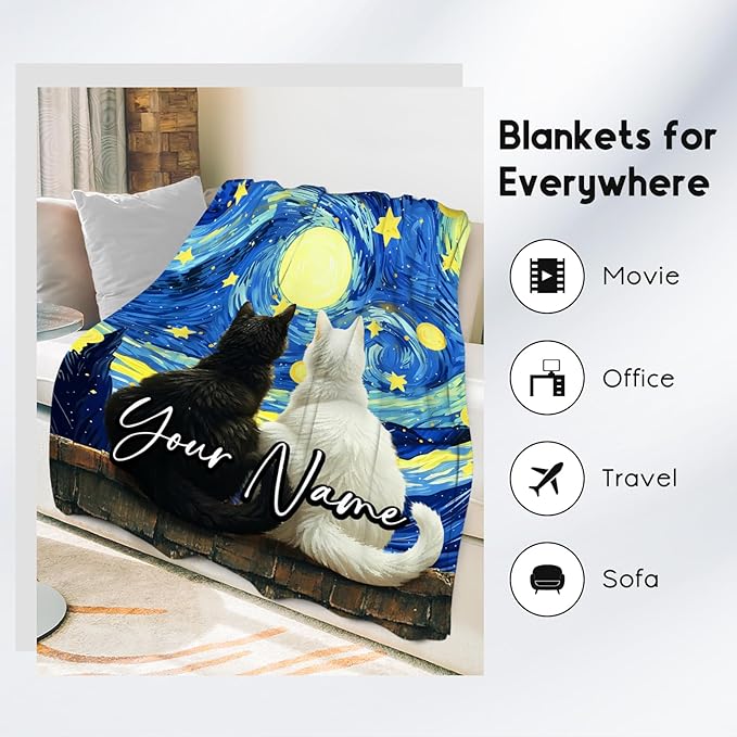 Cat Blanket Custom Blankets for Women/Men - Lightweight Flannel Soft Kids Throws Gifts for Bed Sofa - 4 Sizes