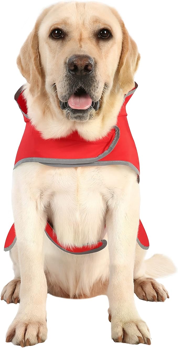 Dog Rain Coat for Large Dogs Waterproof Hooded Rain Jacket with Reflective Strips Leash Hole & Poncho Adjustable Fit (Red,XL)