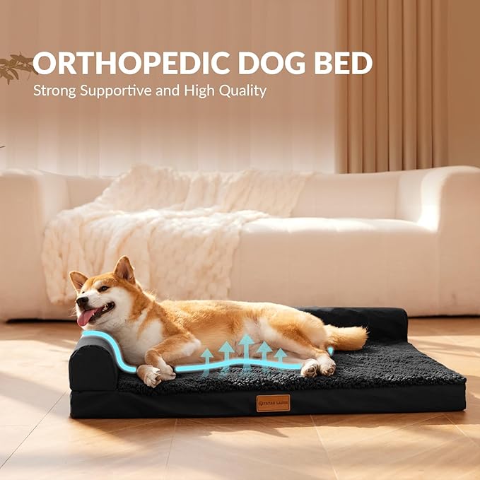 Patas Lague Orthopedic XL Dog Bed Large Sized Dog 42''X28'', Waterproof L Bolster Big Pet Sofa Beds with Removable Washable Cover, Soft Comfortable Pet Couch Crate Mat with Nonskid Bottom, Black
