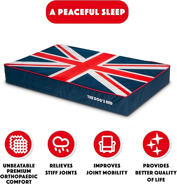 The Dog’s Bed Orthopedic Memory Foam Dog Bed, XL Blue & Red Trim UK Center Flag, Pain Relief for Arthritis, Hip & Elbow Dysplasia, Post Surgery, Supportive, Calming