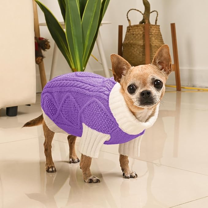 Dog Sweater for Small Dogs Argyle Cable Knit Turtleneck Pullover Winter Clothes Boys Girls Stretch Puppy Doggie Chihuahua Yorkie Pomeranian Toy Poodle Pet (XS, Purple)