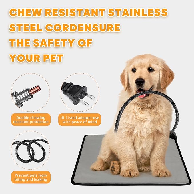 Pet Heating Pad for Cats & Dogs,Safe Electric Cat Warming Pad with Chew Resistant Cord,Automatic Induction Heated Cat Bed,Adjustable Temperature & Time (17.7" x 17.7")