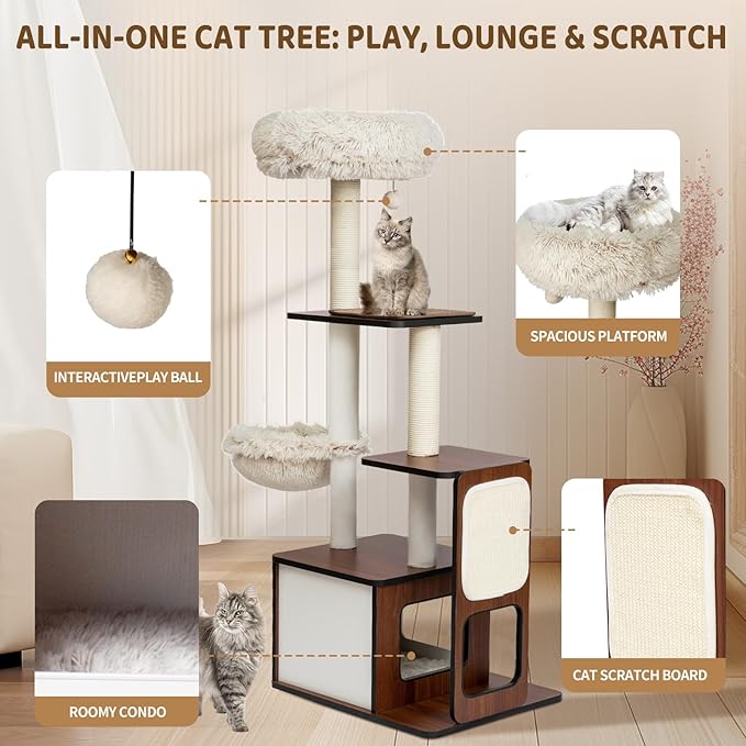 54-Inch Premium Multi-Level Modern Cat Tree & Tower - Unique Design Indoor Cat Condo with Scratching Posts, Hammock, Top Perch & Interactive Drop Ball Toy