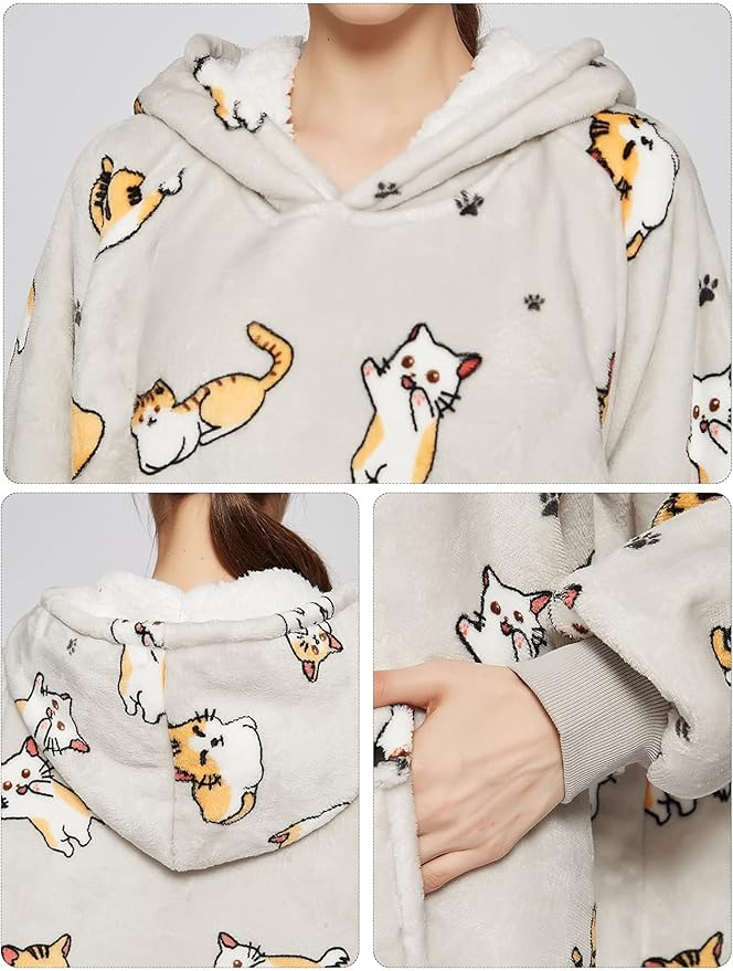 KFUBUO Wearable Blanket Hoodie for Adults Sherpa All Patterns Cat Oversized Sweatshirt Blanket with Pockets for Women