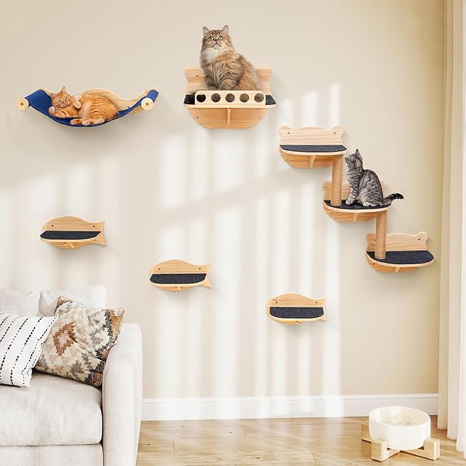 Cat Wall Shelves, 8 in 1 Cat Wall Furniture Set for Large Adult Kittens, Wooden Climbing Wall Shelves with Scratching Post, Hammock, Jumping Platform, Steps