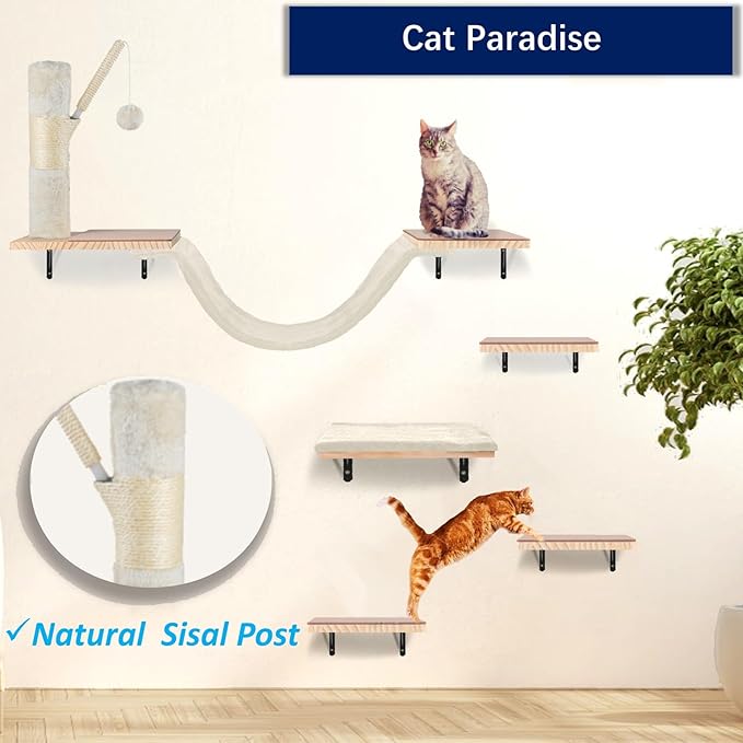 Cat Wall Shelves, Solid Wood Cat Wall Furniture Set, with Cats Bed, Hammock, Felt Ladder, Sisal Scratching Post & Ball (Beige)