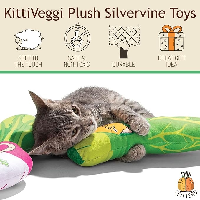 KittiVeggi 2-Pack Organic Silvervine Catnip Substitute Toys for Cats & Kittens | 100% All-Natural Wild Harvested Silvervine | 2 Refillable Vegetable Kicker Cat Toys