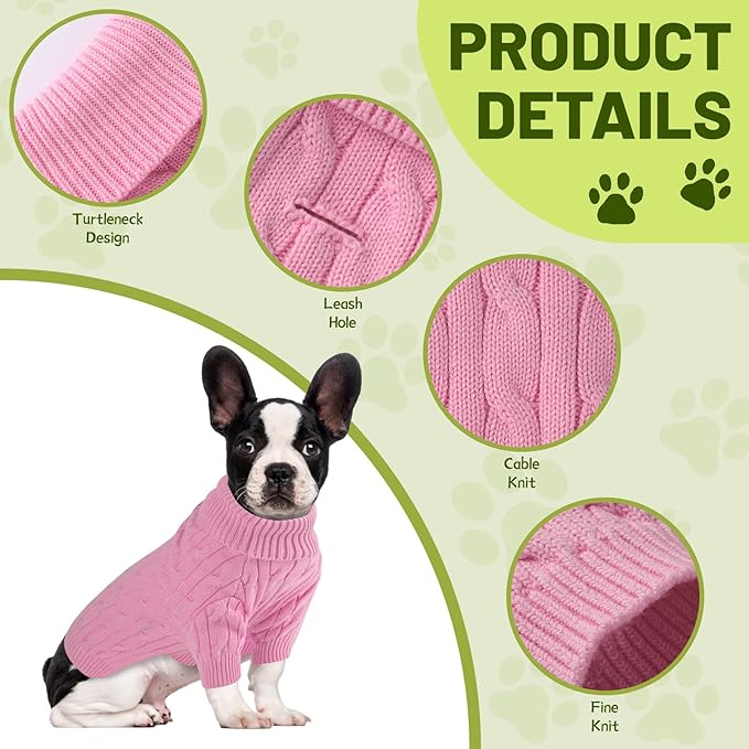 Small Dog Thermal Pullover Sweater, Classic Turtleneck Cable Knitwear Dog Clothes for Cold Weather Warm Pet Clothes for Chihuahua, Bulldog, Dachshund, Pug Pink Small