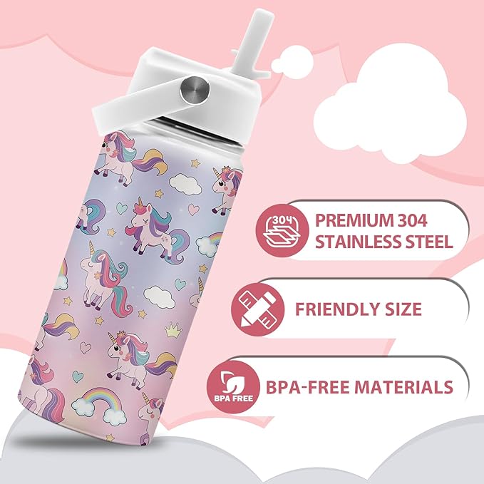 Gifts for Unicorn Lovers, 16 oz Water Bottles with Straw Lid, Stainless Steel Insulated Tumbler for Travel Outdoor, Cute Unicorn Water Bottle Gifts for Birthday Christmas
