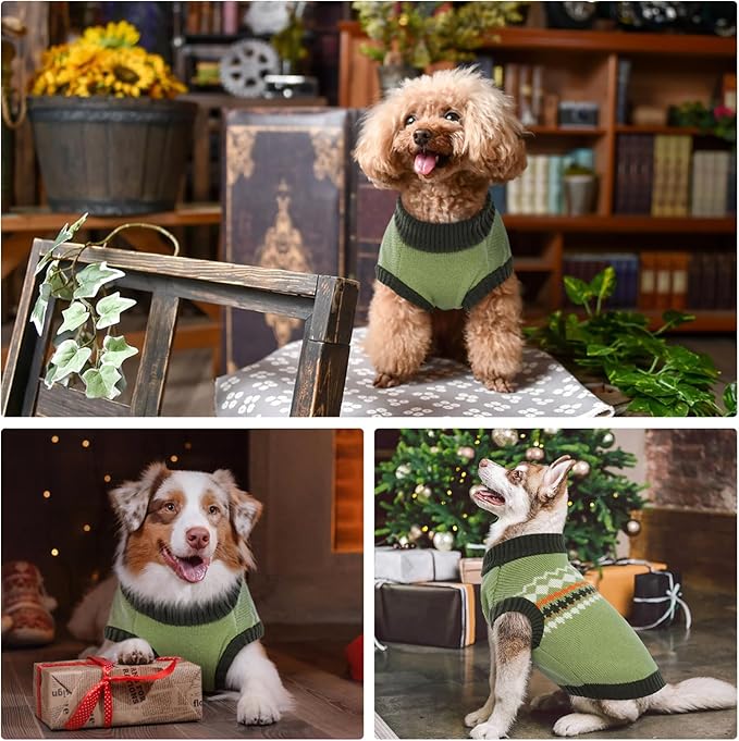 Kuoser Dog Sweater, Small Dog Sweater, Dogs Sweaters for Small Dogs Girl Boy, Thermal Puppy Christmas Sweaters Knitwear, Cold Weather Pet Winter Pullover Sweatshirt Apparel with Leash Hole, Green XS