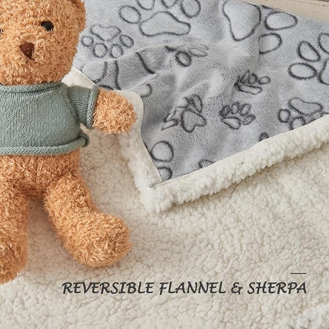 Qeils Dog & Cat Blankets - Waterproof Washable - Sherpa, Plus Plush Reversible, 25"X30", Grey Paw Print