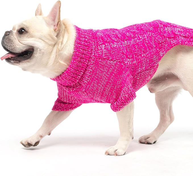 KOOLTAIL Dog Sweater for Large Medium Small Dogs, Fall Dog Sweaters, Turtleneck Cable Knitwear Pet Cold Weather Coats with Leash Hole, Warm Winter Pullover Clothes for Bulldog, Yorkie,Boy Girl, Rose M