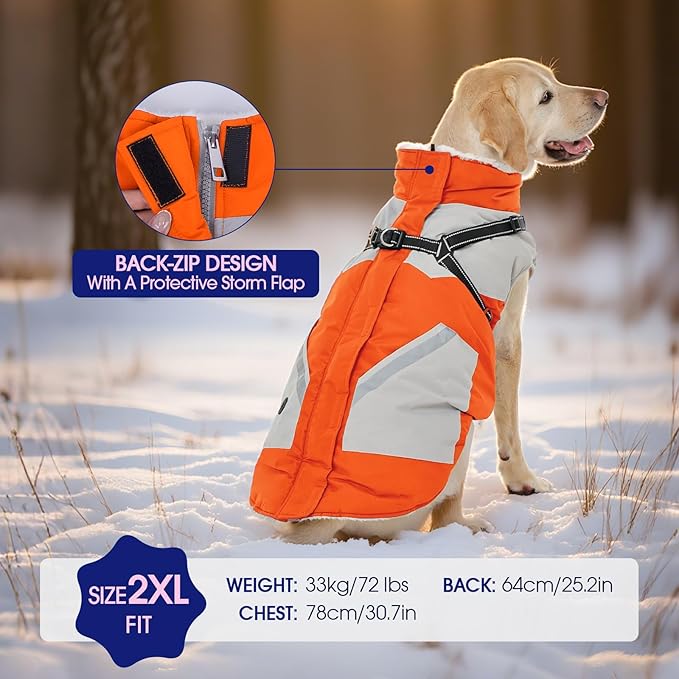 FUAMEY Dog Winter Jackets for Medium Dogs,Dog Coat with Harness Built in,Waterproof Dogs Snowsuits Warm Pet Jacket Zip Up Fleece Cold Weather Coats Reflective Puppy Vest with Pocket Orange M