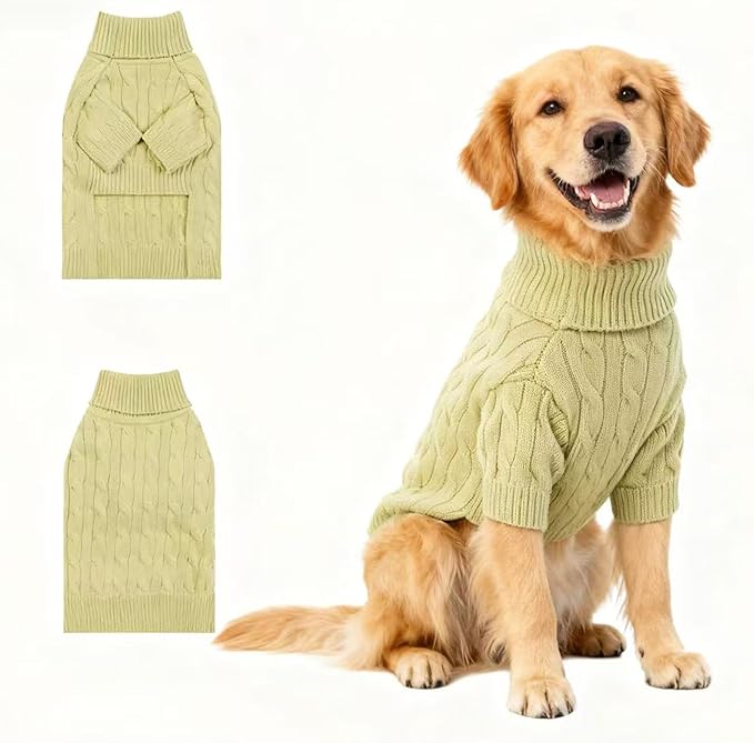 Medium/Large Dog Sweater, Warm Dog Winter Coat w/Sleeves, Comfortable High Neck Premium Dog Clothes for Golden Retriever-Best for Holidays, Daily Walks XXL Light Green