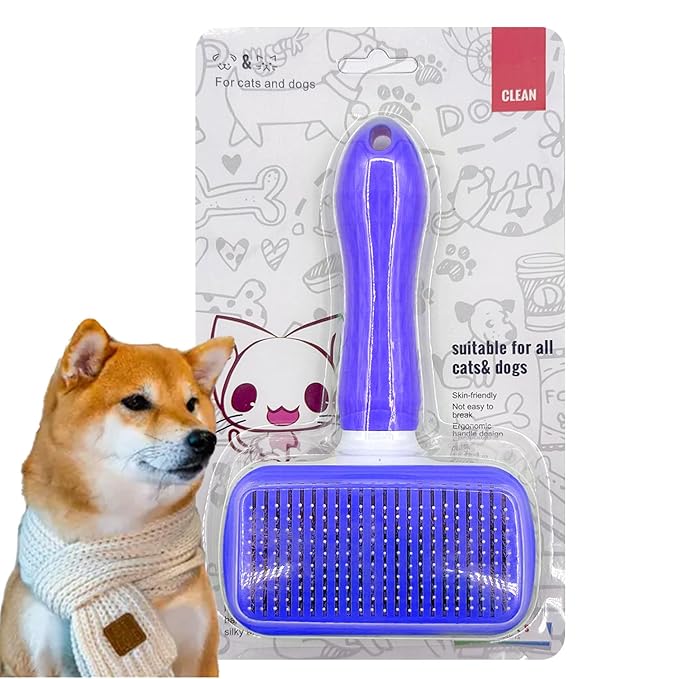 Pet Grooming Brush for Cats & Dogs, Self-Cleaning Undercoat Deshedding & Massage Tool, Purple