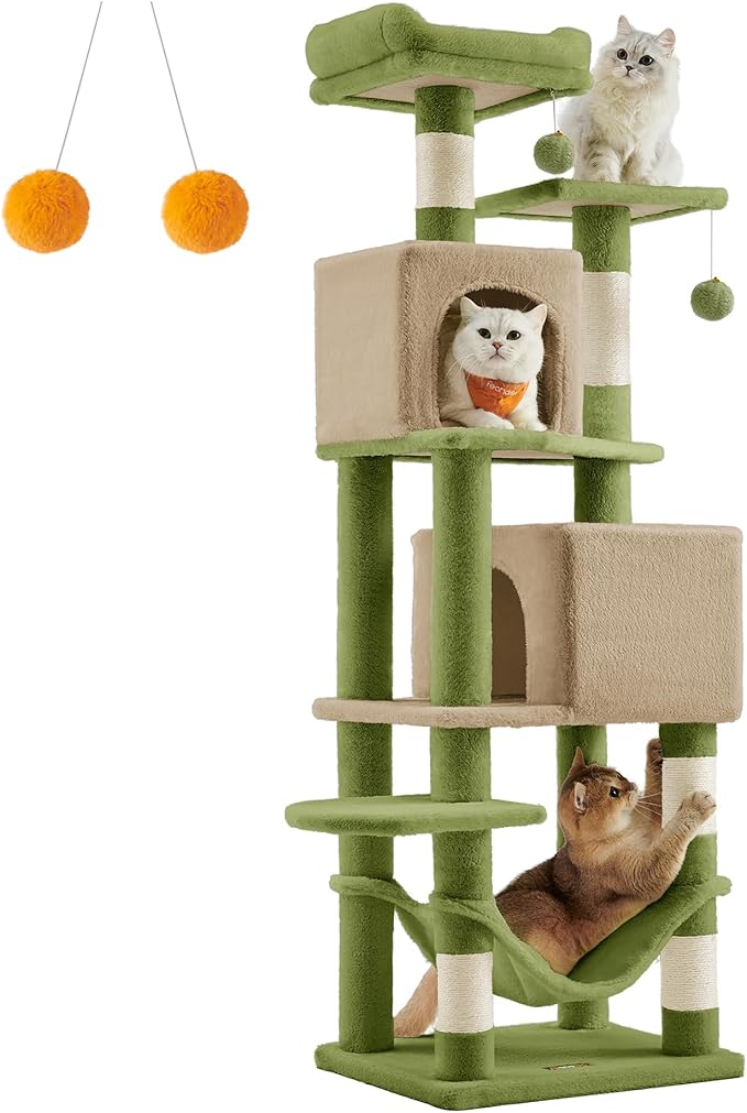 Feandrea Cat Tree, 61-Inch Cat Tower for Indoor Cats, Plush Multi-Level Cat Condo with 5 Scratching Posts, 2 Perches, 2 Caves, Hammock, 2 Pompoms, Grass Green and Camel Brown UPCT192C03