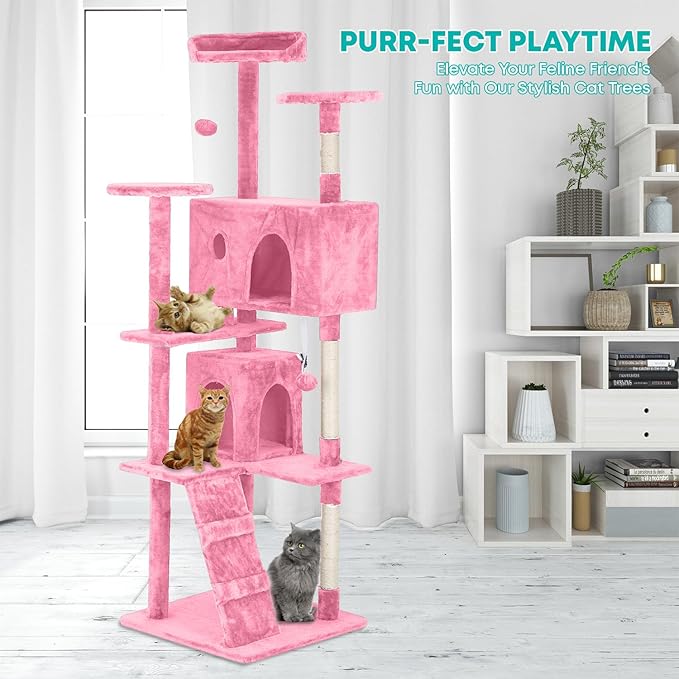FDW Cat Tree 70in Cat Tower Multi-Level Durable Cat Scratching Post & Cozy Fun Cat Jumping Platform Space Saving Cat Condo Pet Play House for Indoor Cats,Pink