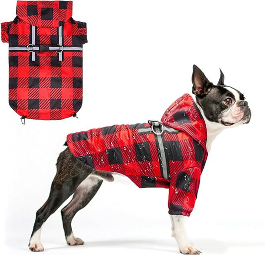 BEAUTYZOO Dog Raincoat Hooded with Harness Built-in, Slicker Poncho, Waterproof Dog Rain Coat for Winter Rainy Snowy Days, Buffalo Red, L