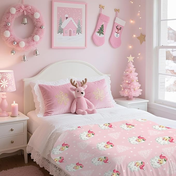 Christmas Santa Claus Throw Blankets, Xmas Tree Soft Anti Pilling Flannel Blanket, Winter Snowflake Decorative Lightweight Pink Blanket, 30x40 Inches Sofa Fleece Blanket