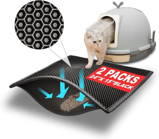 Pieviev 2 Packs Cat Litter Mat Double Layer Waterproof Urine Proof Trapping Mat (24"X15", Black)