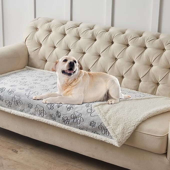 Qeils Pet Blankets for Couches, Waterproof Dog Blankets for Large Dogs, Sherpa Fleece Puppy Blanket, Soft Plush Reversible Dog Blanket, Couch Cover for Dogs Washable, 30"X70", Grey Paw Print