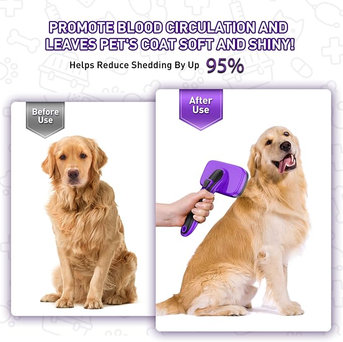 Dogs Cats Self Cleaning Slicker Brush for Shedding & Grooming Any Breed of Pets, Removes Loose, Undercoat, Mats, Tangled Hair for Small Medium Large Animal With Long Short Fur Length, Purple