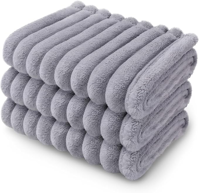 LINENLUX 1 Pack 3 Soft Fleece Dog Blanket for Pet Washable Warm Cat Puppy Fluffy Calming Flannel Grey Medium