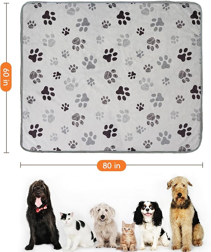 Waterproof Dog Blankets Pet Blanket 60"x80", Soft Fluffy Sofa Car Bed Protector, Reversible Sherpa Fleece Dog Blanket for Large Dogs (Light Grey-Paws)