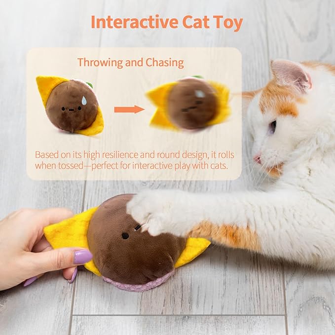 Cat Toy Burger Shape, Fun Kick and Toss Catnip Toy with Crinkle Sound, Includes Catnip & Silvervine Powder (5g+5g) + 5 Reusable Pouches, Gift for Indoor Cats