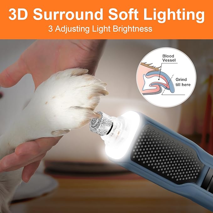 Dog Nail Grinder 7-Speed & 360° LED Light, Professional Pet Nail Grinder for Dogs and Cats, Electric Dog Nail Trimmer Painless Paws Grooming & Smoothing Tool for Large Small Dogs Cats Pets
