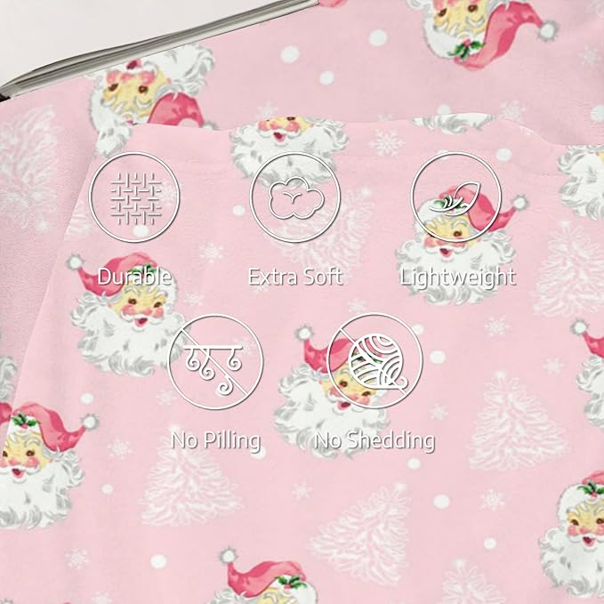 Christmas Santa Claus Throw Blankets, Xmas Tree Soft Anti Pilling Flannel Blanket, Winter Snowflake Decorative Lightweight Pink Blanket, 40x50 Inches Sofa Fleece Blanket for Girl Children