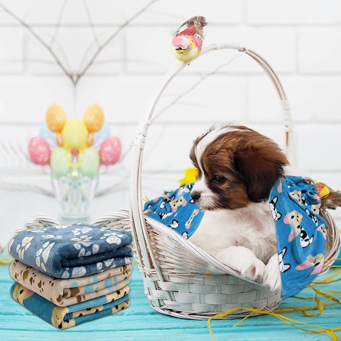 Rezutan 1 Pack 3 Blankets for Dogs, Dog Blanket for Small Pet Cat, Premium Soft Fluffy Suitable for Dog Kennels & Beds, Gifts Puppy Blanket Essentials, 23x16 inch, Blue/Beige/Navy Blue