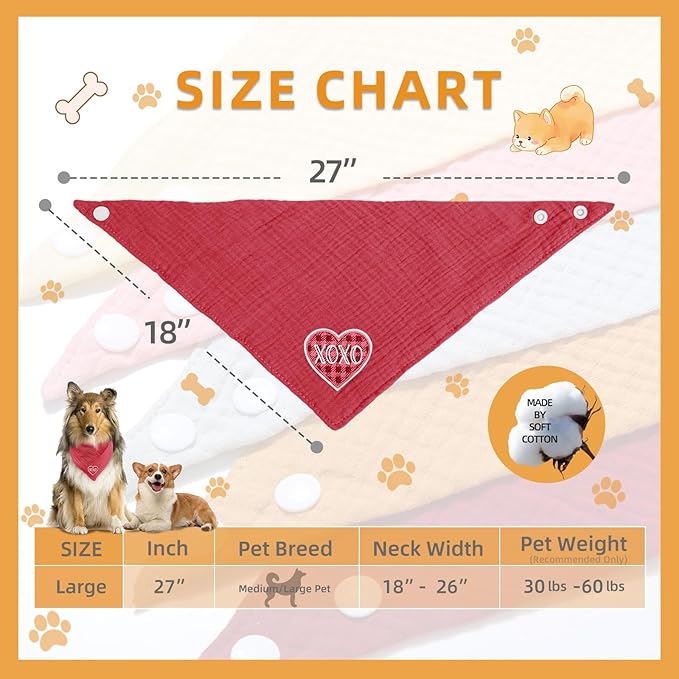 Adjustable Cotton Bandana - Heart Solid Color Embroidered Scarf for Large Dogs with Button Fastening,Wine Red,Large