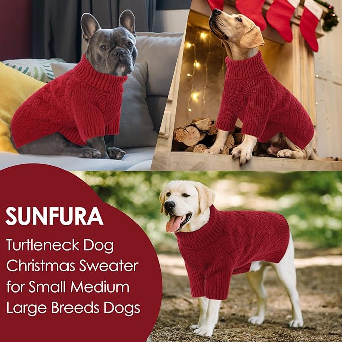 SUNFURA Dog Sweater, Medium Dog Sweaters Doggie Pullover for Fall Winter, Fleece Pet Christmas Sweaters for Holiday, Warm Turtleneck Knitwear for French Bulldog, Boston Terrier, Red M