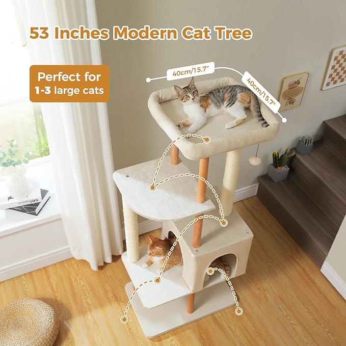 PAWZ Road Large Cat Tree, 53 Inches Modern Wooden Cat Tower for Indoor Large Cats, Multi-Level Cat Condos with Long Scratching Posts and Natural Wood Posts-Beige